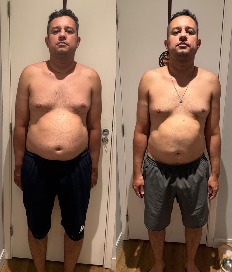 Aluno de frente: antes à esquerda e depois de 3 meses de treino presencial à direita