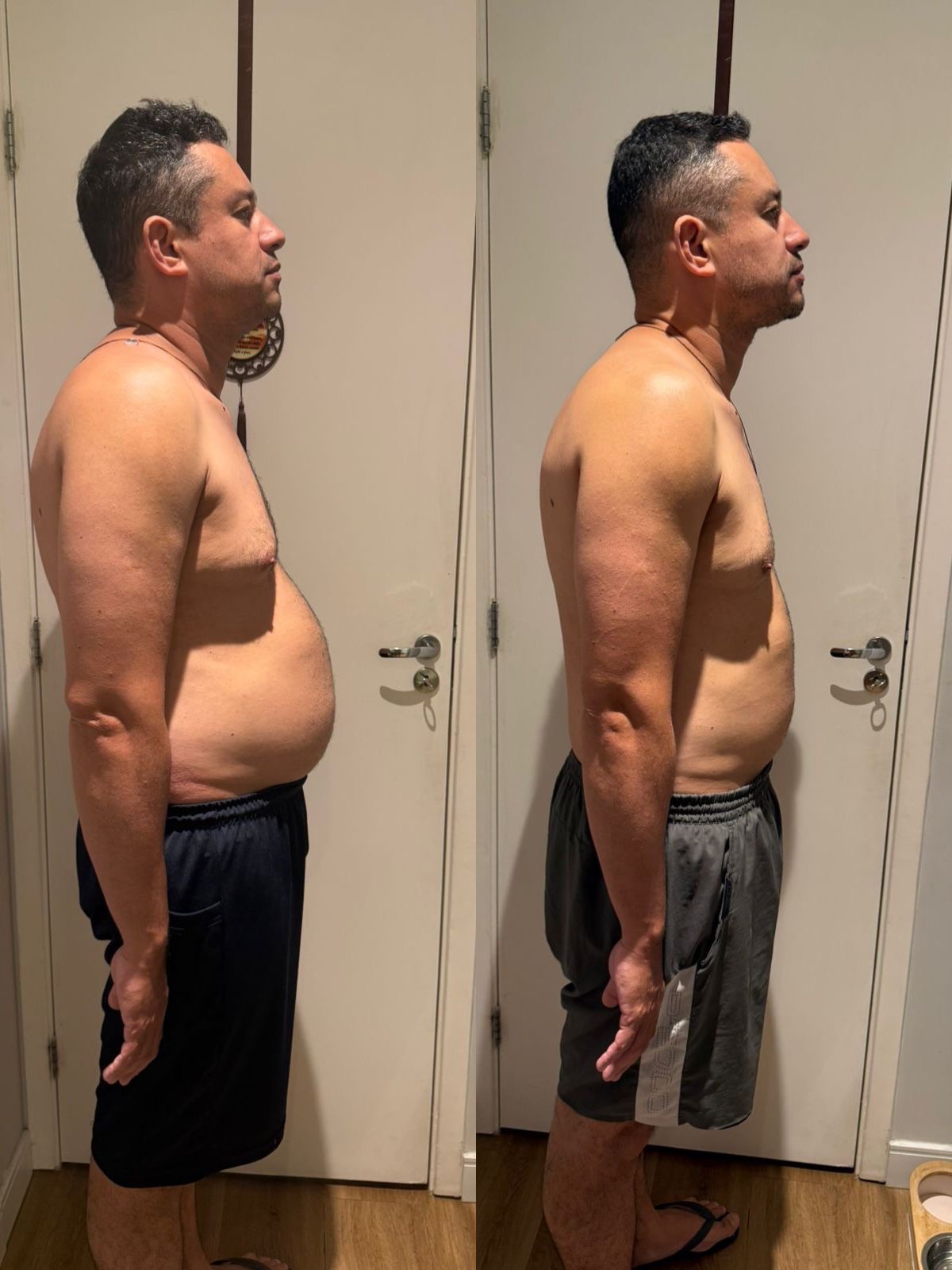 Thiago de perfil: antes à esquerda e depois de 3 meses de treino presencial à direita